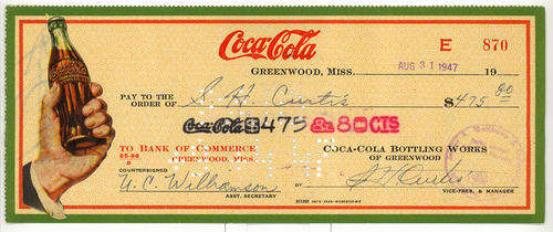 ANTIQUE COLLECTABLE VINTAGE COCA-COLA COKE CHEQUE OF 1947