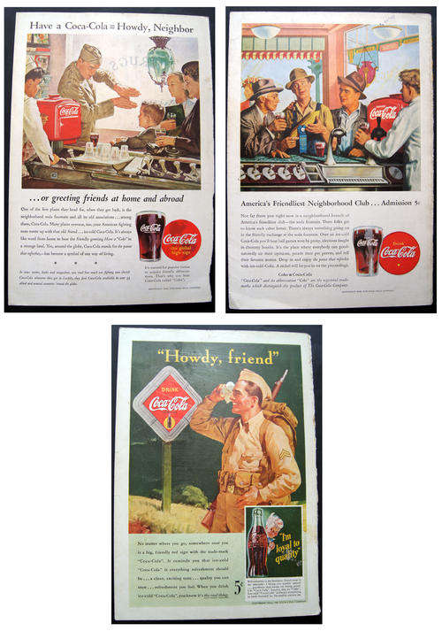 THREE ORIGINAL VINTAGE COCA COLA COKE ADS FROM THE 1940'S - OVER 60 YEARS OLD!