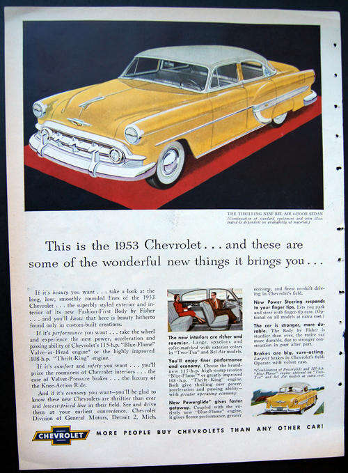 ORIGINAL VINTAGE CHEVROLET CAR AD FROM 1953 - OVER 50 YEARS OLD!