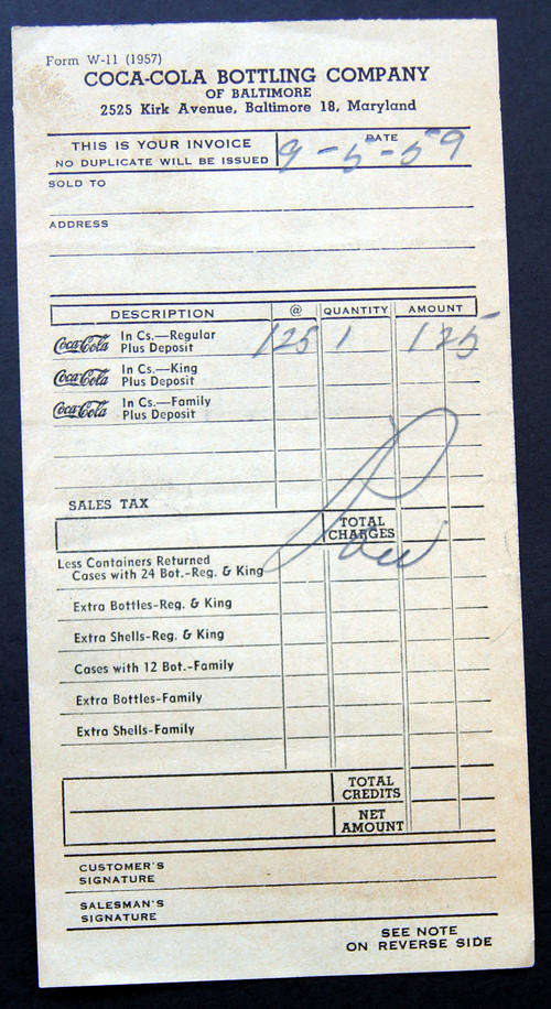 A VINTAGE AUTHENTIC COCA COLA COKE INVOICE FROM 1958