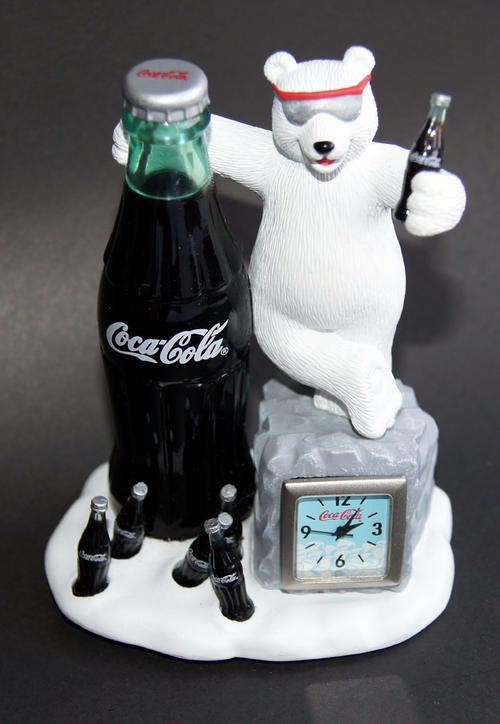 COCA COLA COKE MINI CLOCK BOTTLE AND BEAR - AS NEW