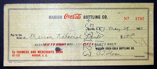 ANTIQUE COLLECTABLE VINTAGE COCA-COLA COKE CHEQUE FROM 1923