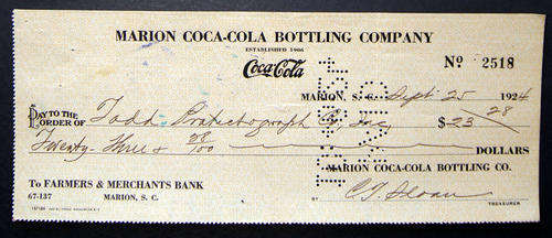 ANTIQUE COLLECTABLE VINTAGE COCA-COLA COKE CHEQUE FROM 1924
