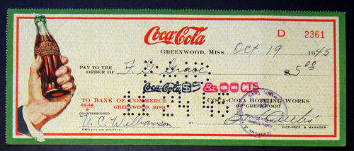 ANTIQUE COLLECTABLE VINTAGE COCA-COLA COKE CHEQUE FROM 1945