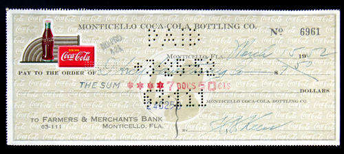 ANTIQUE COLLECTABLE VINTAGE COCA-COLA COKE CHEQUE FROM 1952