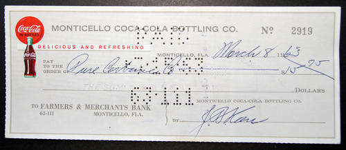 ANTIQUE COLLECTABLE VINTAGE COCA-COLA COKE CHEQUE FROM 1963