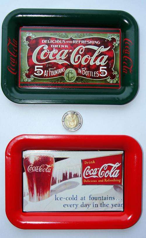 SET OF MINI COCA COLA COKE METAL TRAYS - FROM 1989 & 1991 (17cm X 12cm)