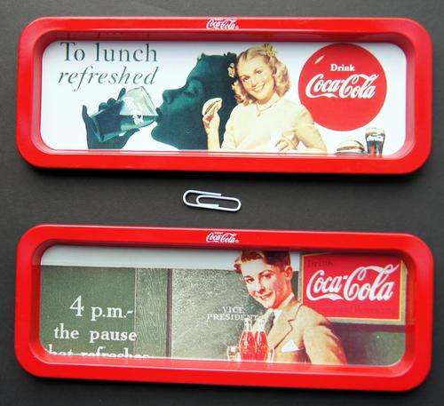 SET OF 2 LONG MINI COCA COLA COKE METAL TRAYS - ea 20cm x 7.5cm