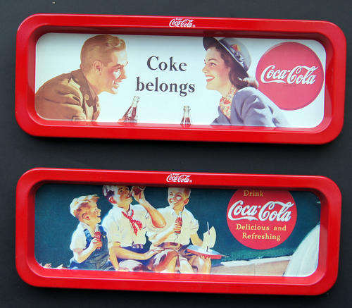 SET OF 2 LONG MINI COCA COLA COKE METAL TRAYS - ea 20cm x 7.5cm