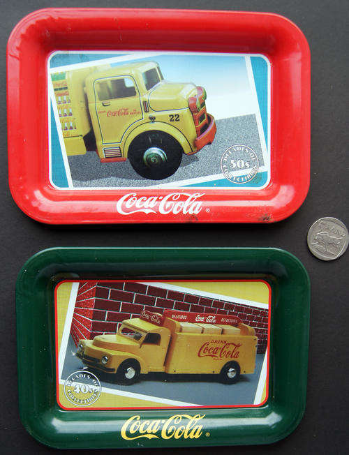 SET OF MINI COCA COLA COKE METAL TRAYS - FROM 1998 (17cm X 12cm)
