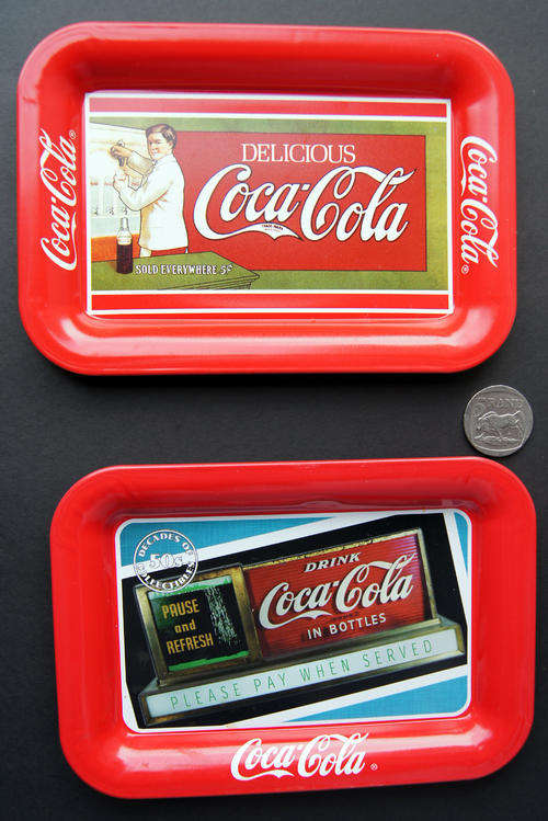 SET OF MINI COCA COLA COKE METAL TRAYS - FROM 1989 & 1998 (17cm X 12cm)