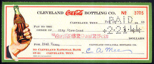 CLASSIC ANTIQUE VINTAGE COCA-COLA COKE CHEQUE FROM 1944 - (ALSO CHECK OUT MY OTHER OLD COKE CHEQUES)