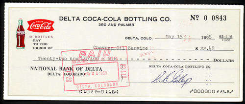 CLASSIC VINTAGE COCA-COLA COKE CHEQUE FROM 1965