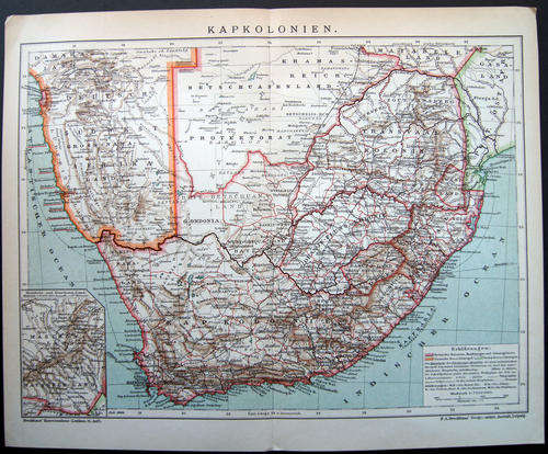 1906 ORIGINAL ANTIQUE MAP OF SOUTH AFRICA (in German) (ALSO SEE MY OTHER MAPS)