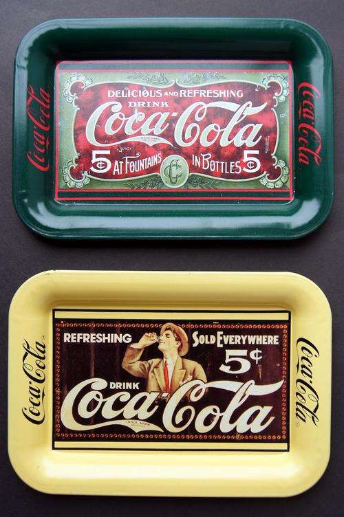 SET OF TWO MINI COCA COLA COKE METAL TRAYS - FROM 1989 (17cm X 12cm) - ALSO SEE MY OTHER COKE STUFF