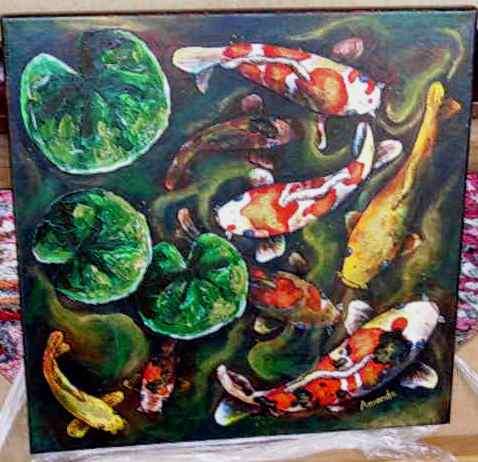 COLOURFUL KOI FISH ON BLACK BACKGROUND BY AMANDA