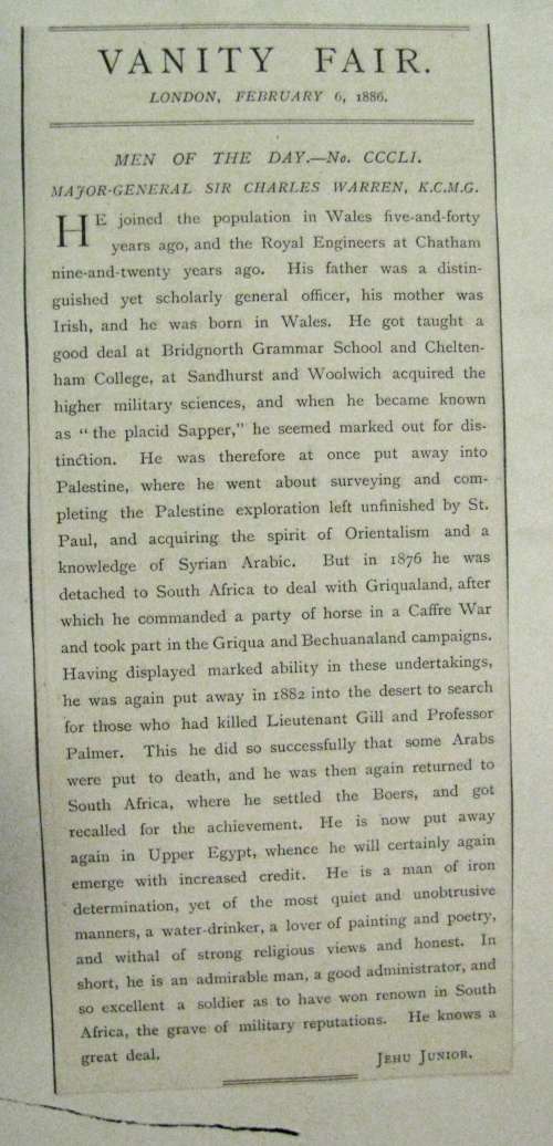 1886 VANITY FAIR (MEN OF THE DAY) CARICATURE OF SIR CHARLES WARREN 6TH FEBRUARY 1886