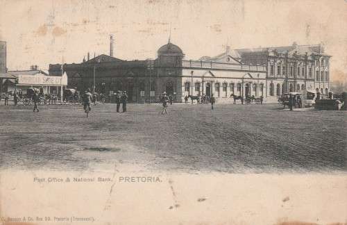 ANTIQUE POSTCARD (C.BASSON) POST OFFICE & NATIONAL BANK PRETORIA
