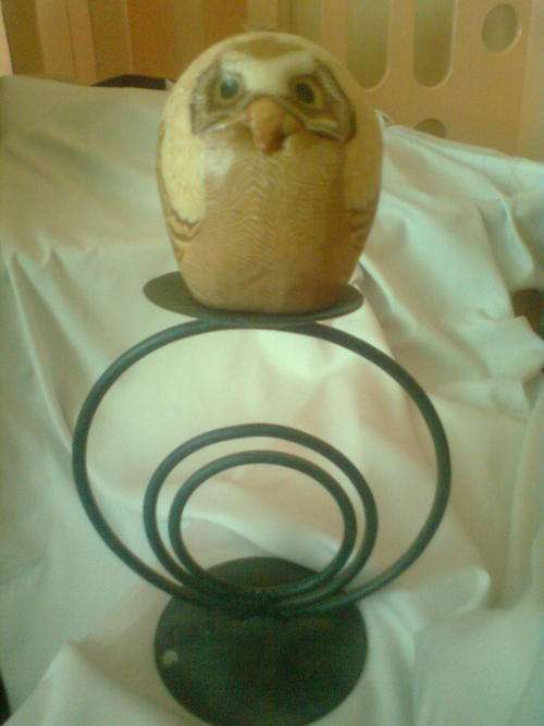 OWL CANDLE , SIGNED " DEON 1989" ON  IRON HOLDER