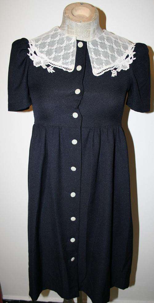 Vintage Navy Blue Dress with Lace Collar