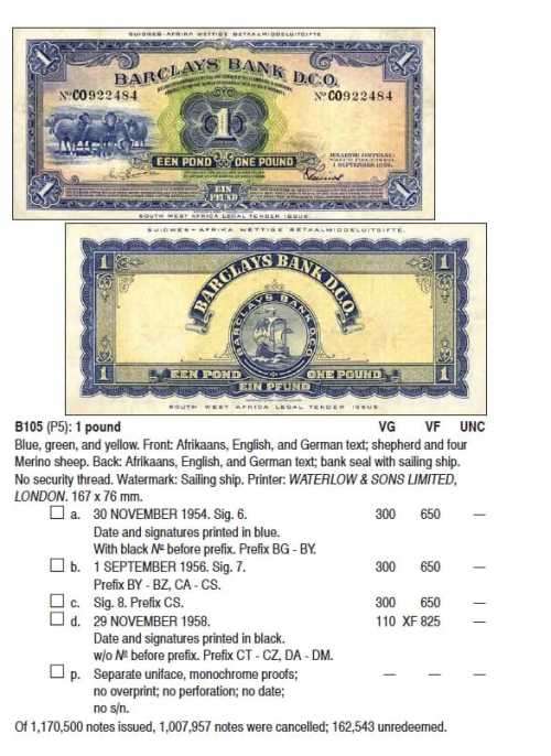 1954-1956 Southwest Africa Barclays Bank D.C.O 1 Pound