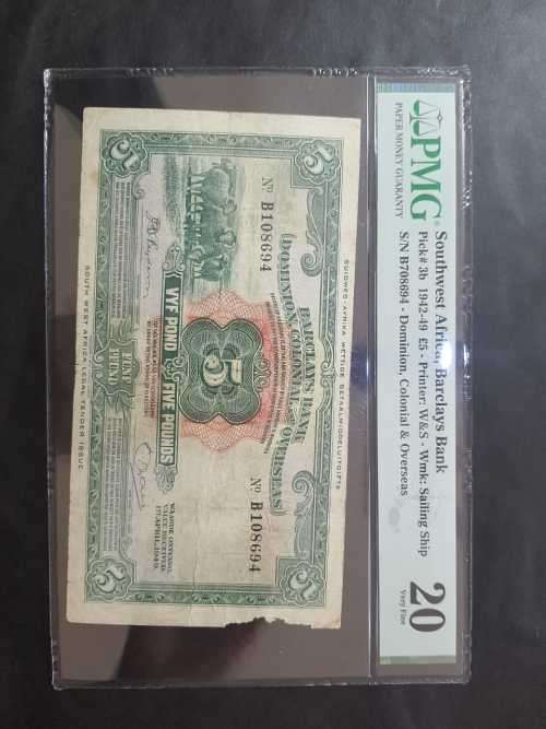 1942-1949 Southwest Africa Barclays Bank 5 Pound