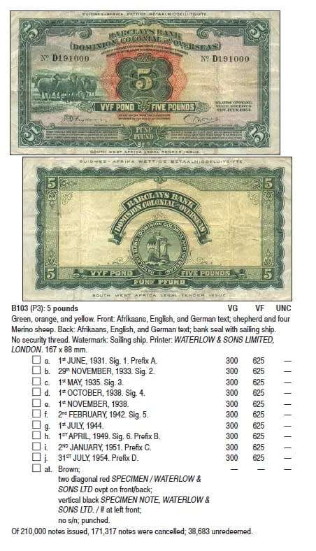 1942-1949 Southwest Africa Barclays Bank 5 Pound