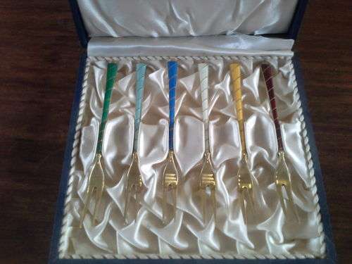 ELA Denmark Sterling 925S Guilloche Enamel 6 Cocktail Forks