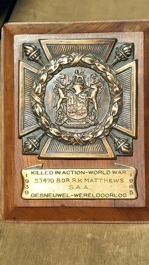 World War 2 - South African Memorial Death Plaque
