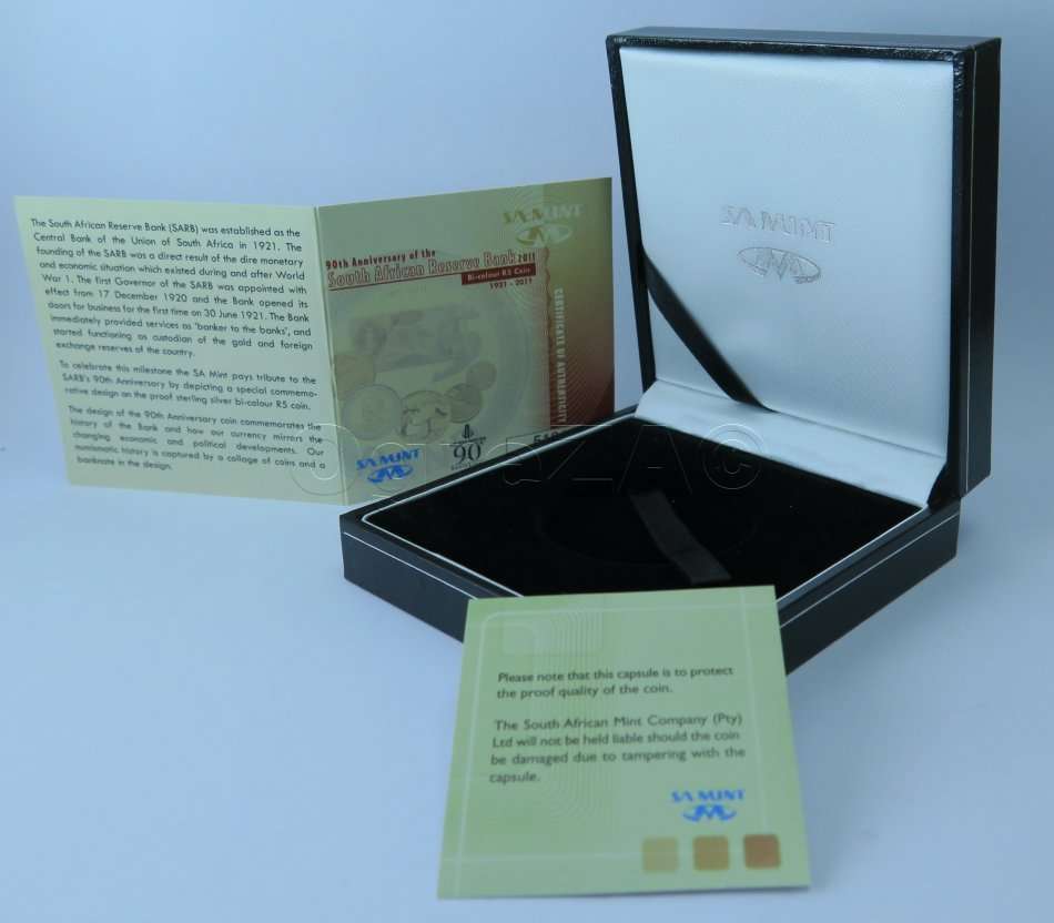 2011 R5 (CROWN SIZE) SARB 90th ANIVERSARY BOX COMPLETE WITH CERTIFICATE - NO COIN