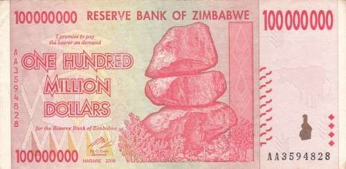 100 MILLION DOLLARS Zimbabwe Note