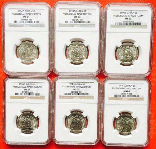 1994 South Africa Mandela Presidential Inauguration R5 - 6 Graded Coin Set - NGC Graded MS61-MS66