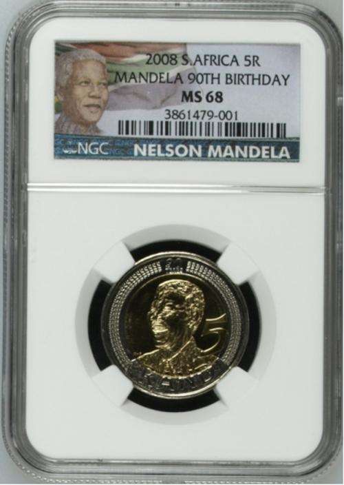 MS68 - 2008 New Nelson Mandela Label 90th Birthday R5 Coin - Only 11 graded higher - NGC Graded MS68
