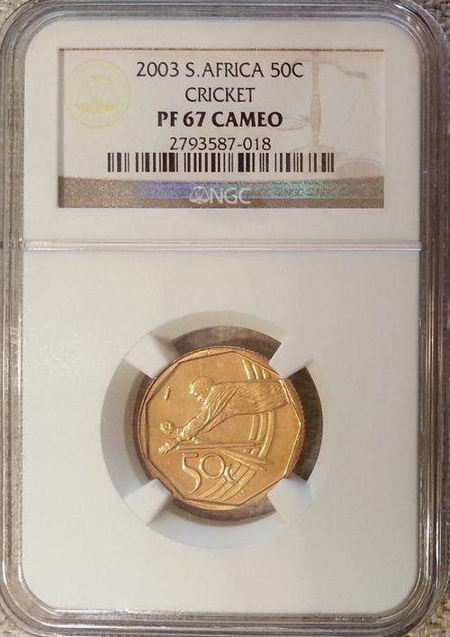 South Africa 2003 50c CRICKET ~ NGC Graded Proof 67 CAMEO ~ SHARED FINEST KNOW