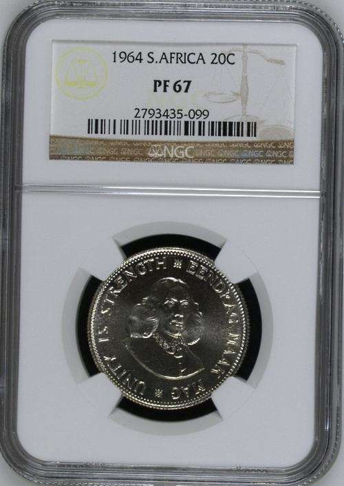 1964 SOUTH AFRICA 20c - SHARED FINEST KNOWN - NGC GRADED PF67