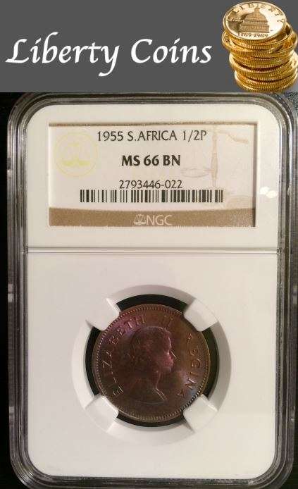 1955 South Africa 1/2P *FINEST KNOWN - POP 1* - NGC GRADED MS66BN - BEAUTIFUL RED/PURPLE TONING!!