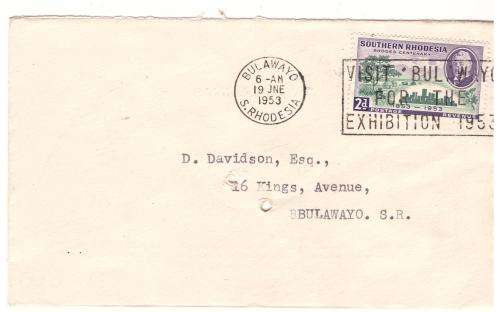Southern Rhodesia 2d Stamps on envelope  1953