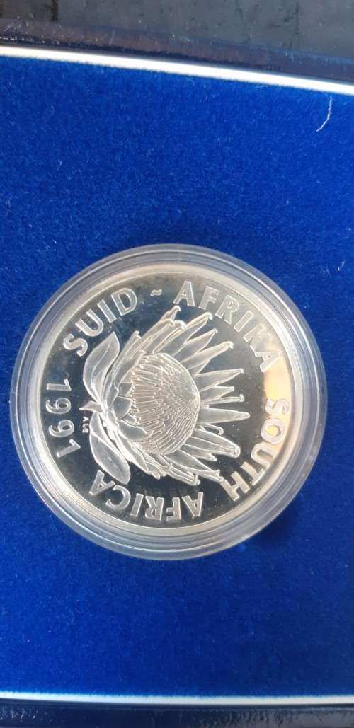 Crazy R1 start....1991 Silver Proof R1 in S A Mint  Box. Protea Verpleging series