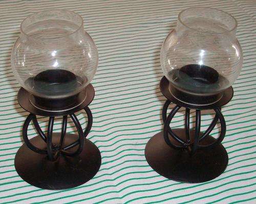 2 Black Candle Holders With Glass Shades