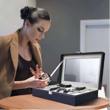 PU Leather Display Case Box Watch Jewelry Storage Organizer 12 Compartments
