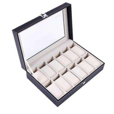 PU Leather Display Case Box Watch Jewelry Storage Organizer 12 Compartments