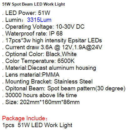 51W LED Work Light Spot Beam Lamp Car Vehicle SUV Jeep ATV Boat mining 4WD 4X4