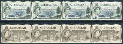 Gibraltar 1953/59 QEII Coil strips of 1/2d and 2d stamps with a Coil join (**)