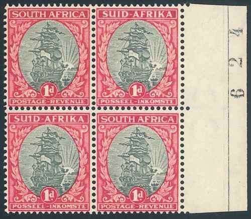 South Africa 1935 Hyphenated Pictorials 1d "Ship" Block with Varieties (**)