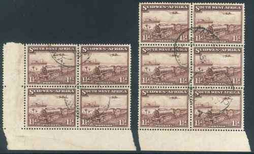 SWA 1937 Additional Pictorial Issue used marginal Blocks of 1 1/2d Mail Train stamps (SACC 123)