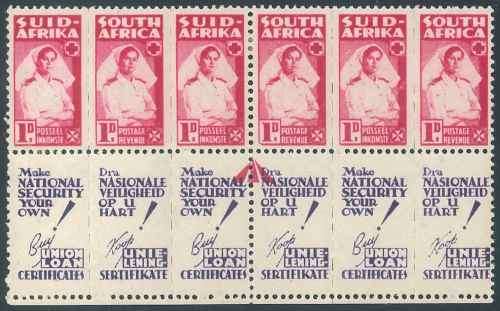 South Africa 1943 War Issue (Reduced Size) 1d Arrow strip of stamps with Variety (*)