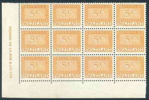 Swaziland 1970 Scarce Imprint Block of (12) x 5c orange Revenue stamps (**)