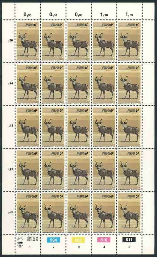SWA 1982 Third Decimal Animal Definitive Reprint Sheet of (25) x 6c stamps (SACC 363a)