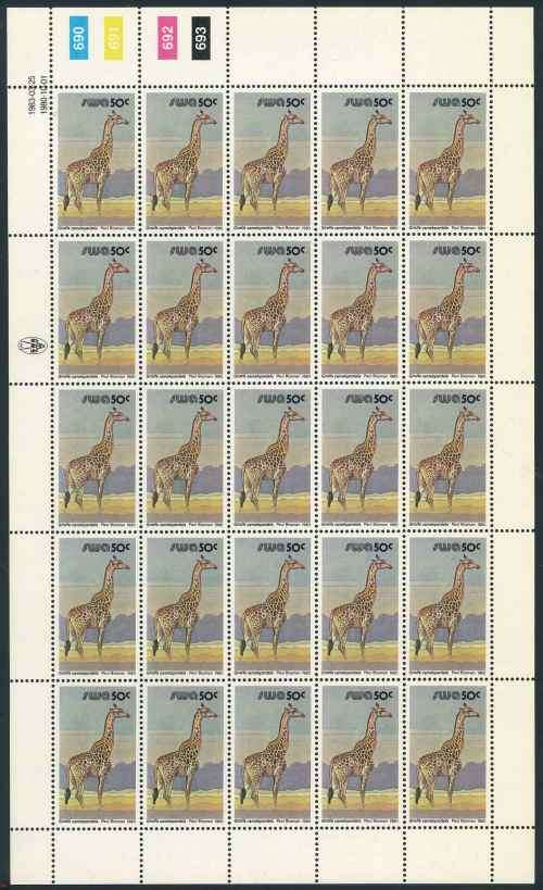 SWA 1983 Third Decimal Animal Definitive Reprint Sheet of (25) x 50c stamps (SACC 372)