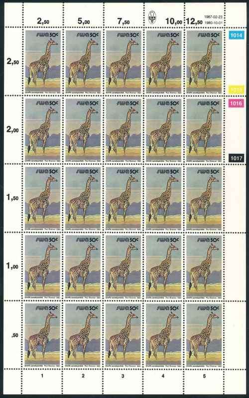 SWA 1987 Third Decimal Animal Definitive Reprint Sheet of (25) x 50c stamps (SACC 372)